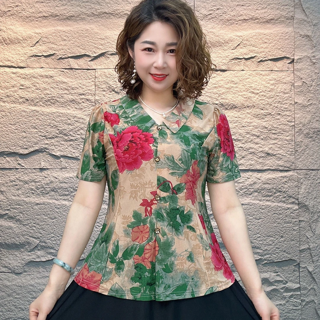 夏季新洋气减龄娃娃领定制花色时尚妈妈短袖上衣