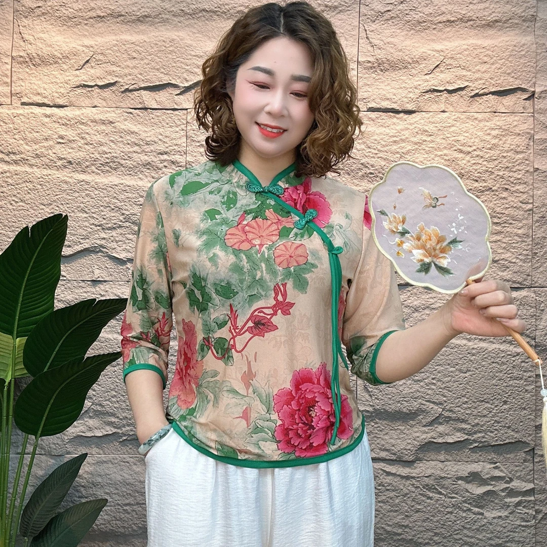 新中式 夏季新款国风旗袍领牡丹花开七分袖单件上衣时尚妈妈装