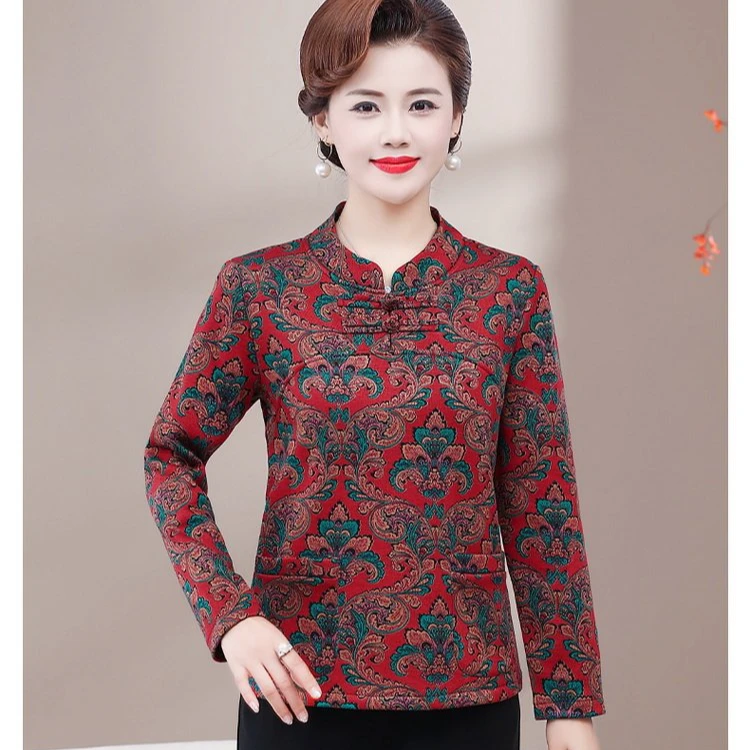 2024民族风加绒加厚秋冬新款复古盘扣打底衫妈妈装