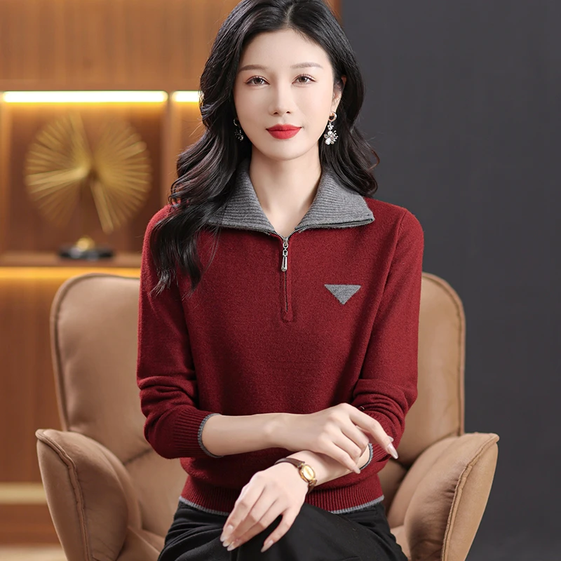 2024秋冬款翻领女针织衫气质高贵典雅休闲显瘦纯色上衣长袖百搭