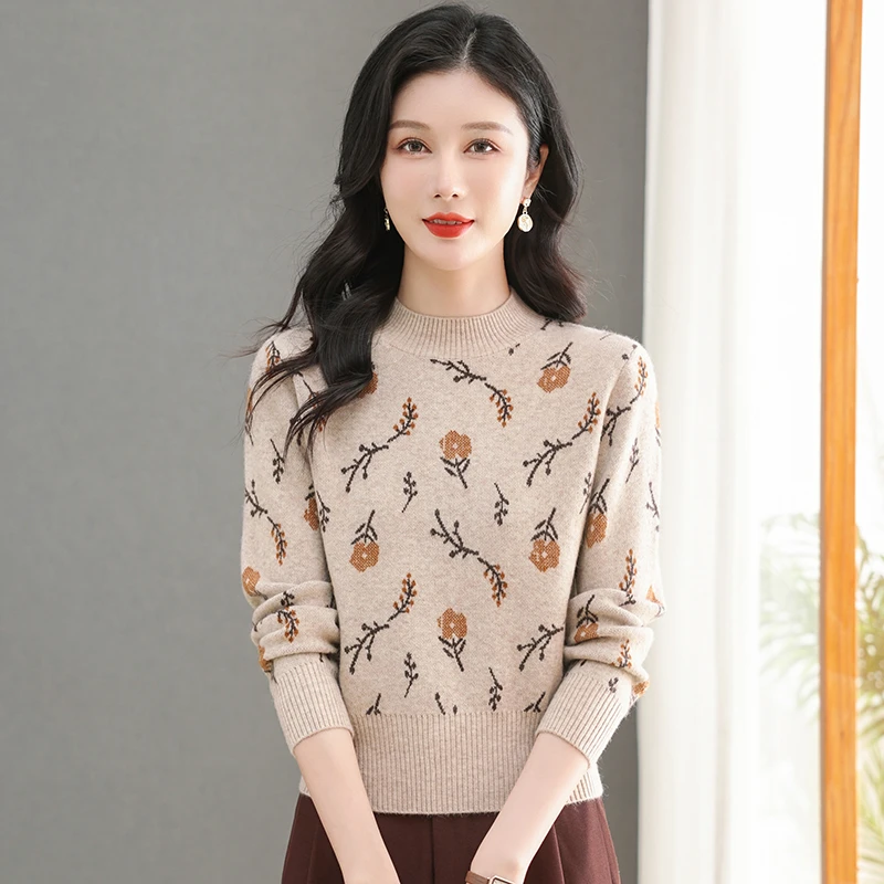 2024冬款圆领女针织衫秋冬花纹加厚气质百搭休闲上衣时尚套头