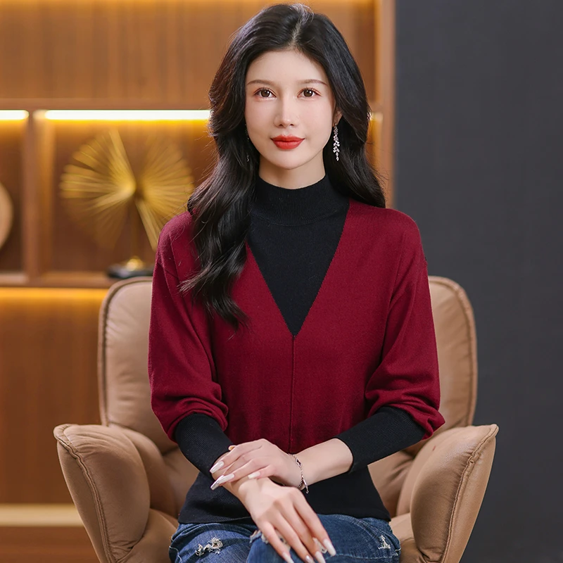 2024冬款圆领女针织衫拼色时尚百搭简约典雅减龄上衣秋冬长袖