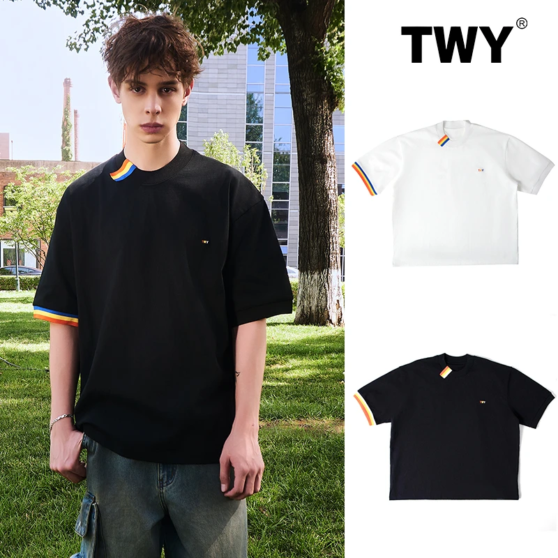 【TWY】水木年华主理撞色折边彩条不对称短袖LOGO刺绣上衣010,011