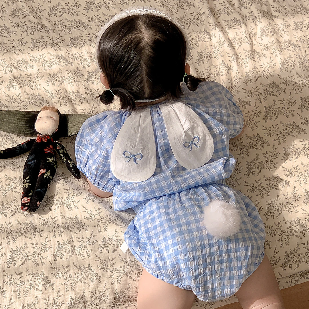 夏季套装薄款短袖公主兔耳朵格子上衣包屁裤女宝宝两件套洋气