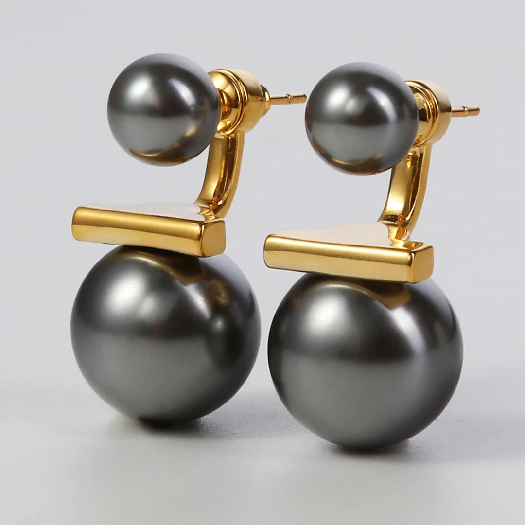 铜合金仿珍珠耳饰 【一眼星河】黑色设计款大小珠耳环8-14mm F2-013