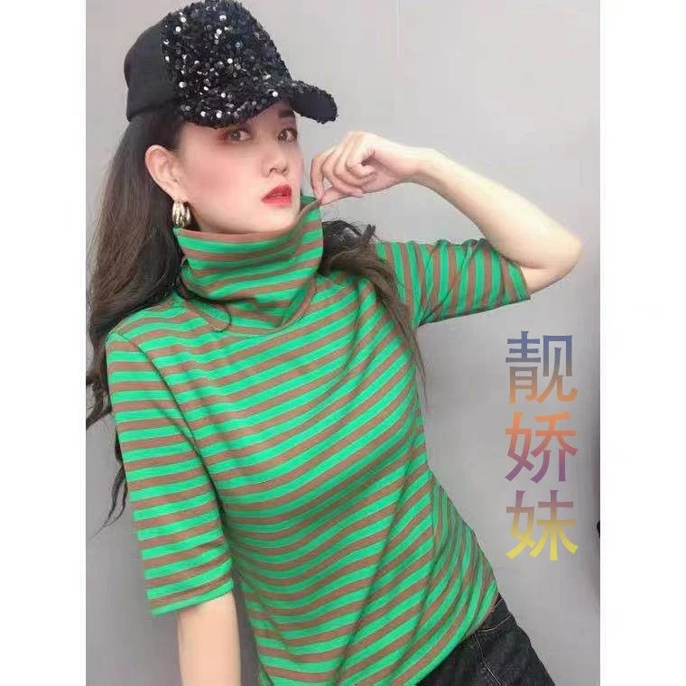 靓娇妹2023新款条纹高领打底上衣女宽松文艺复古短袖T恤减龄上衣