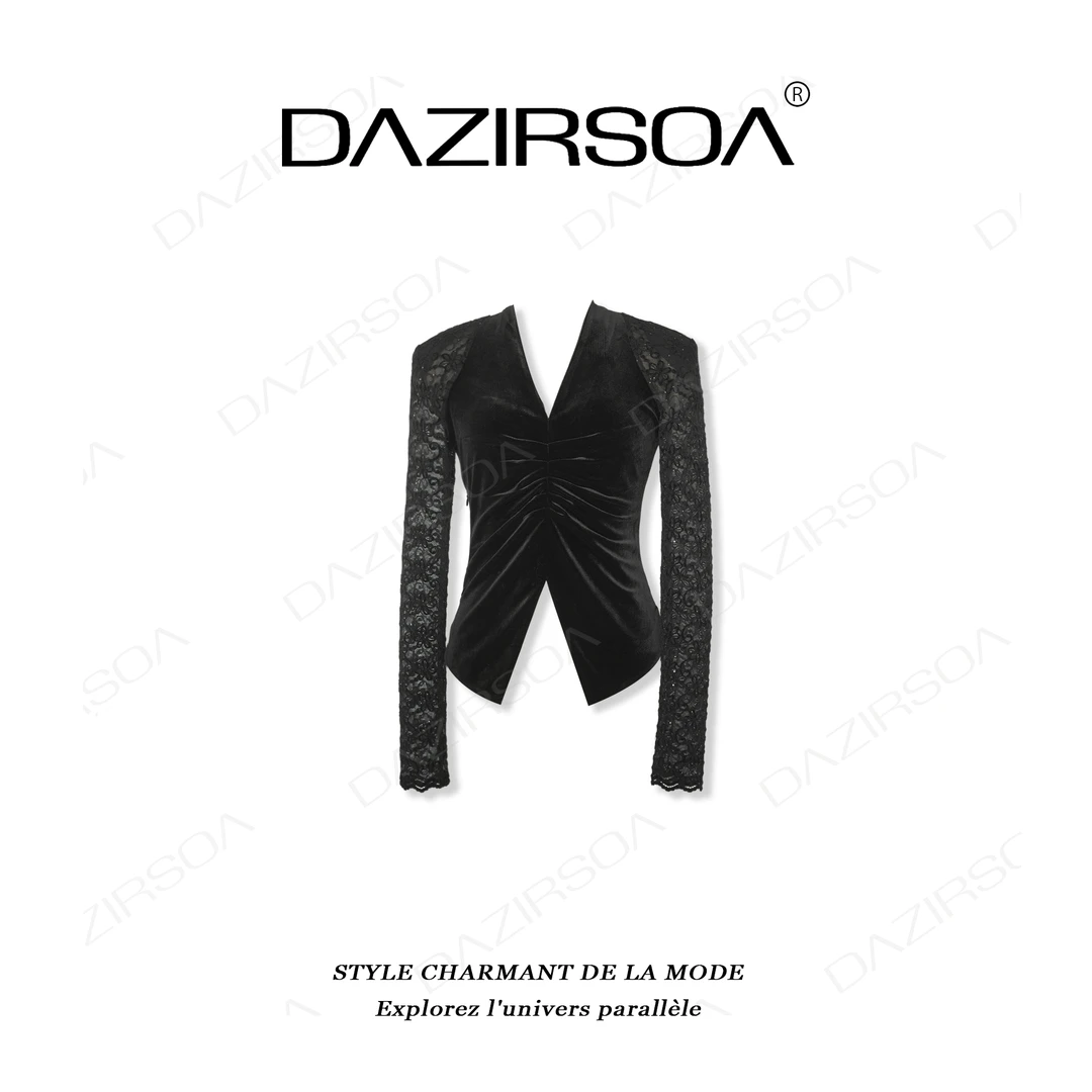 DAZIRSOA/达姿24AW//“气质女王”女王范蕾丝拼接烫钻上衣 U808