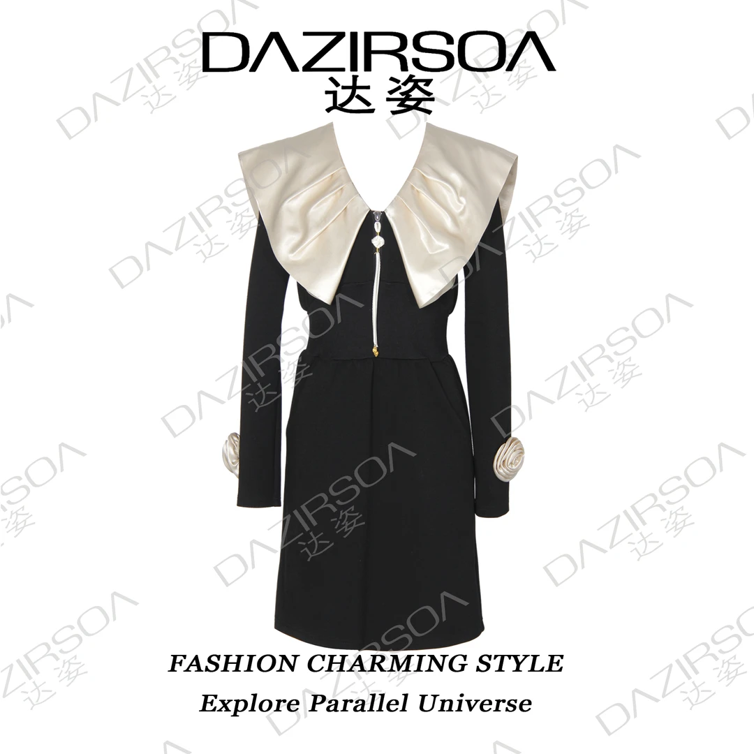 DAZIRSOA/达姿"线条艺术" 减龄压褶海军领收腰连衣裙 P200