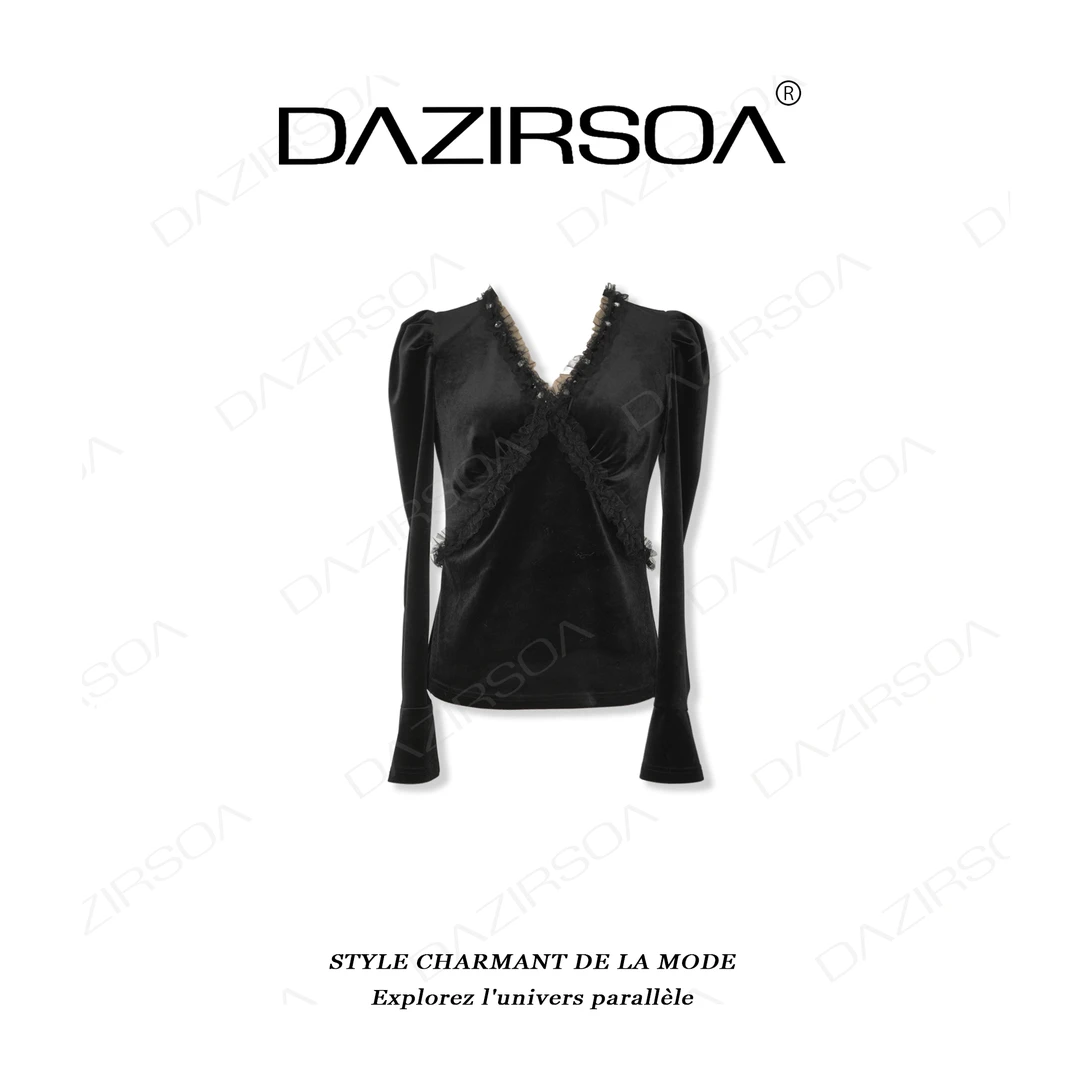 DAZIRSOA/达姿“优雅公式“ 时尚百搭拼接钉钻V领丝绒上衣  W032
