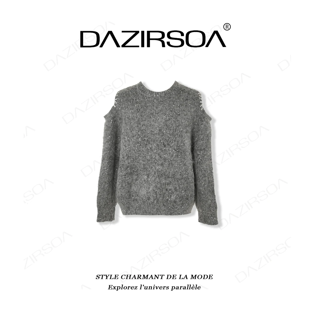 DAZIRSOA/达姿“灵感觉知” 时尚百搭重工钉钻露肩宽松毛衣 U276
