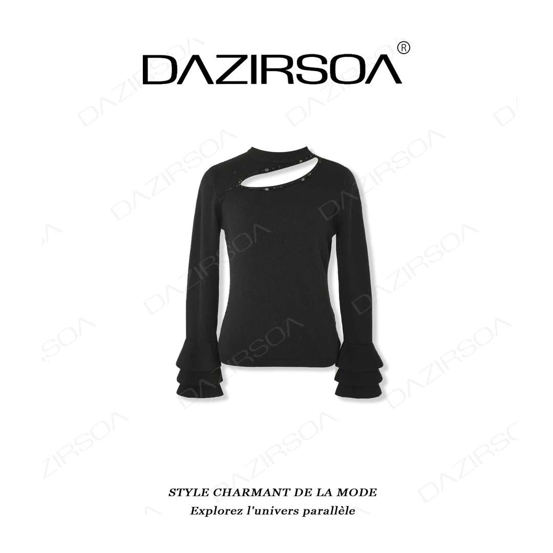 DAZIRSOA/达姿“细腻肌理” 时尚百搭镂空袖子荷叶毛衣 T822