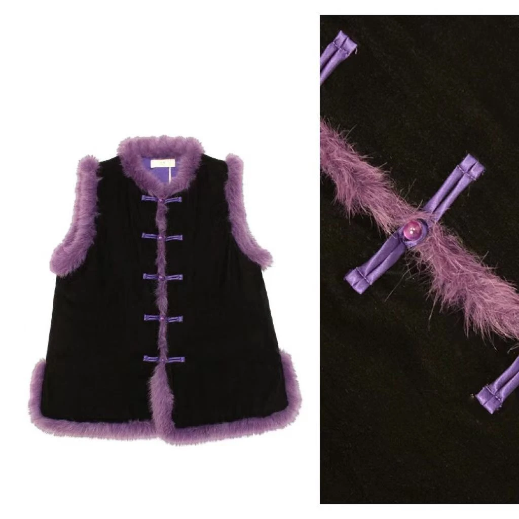 秋冬新中式盘扣撞色设计感马甲国风夹棉加厚保暖毛边圆领上衣3284