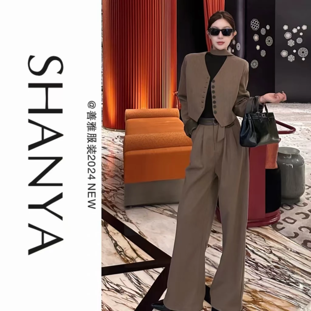 春秋新款时尚气质皮拼接毛呢西装套装上衣+百搭阔腿裤套装#3276