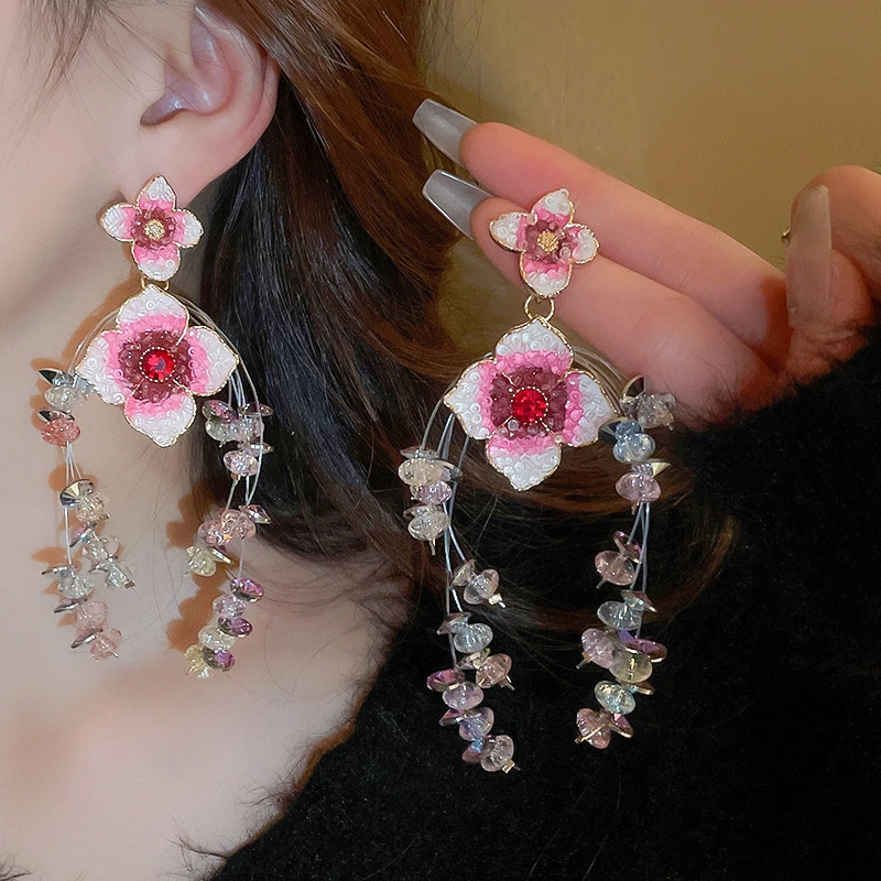 合金耳饰 粉色桃花花朵耳环小众设计耳坠爆款高级感秋耳饰女气质