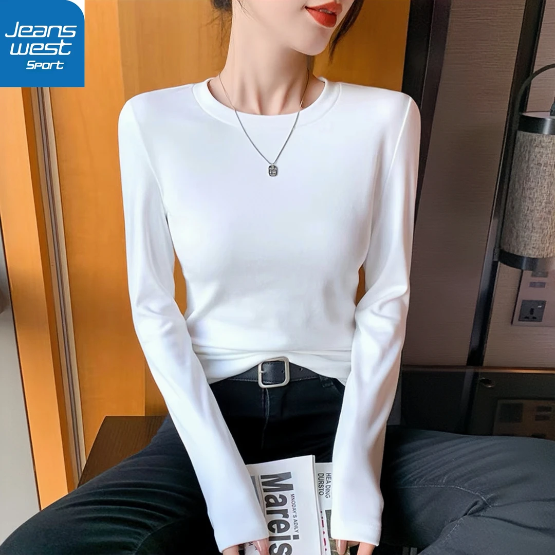 冬季双面绒小圆领长袖女加绒加厚保暖修身显瘦百搭纯色打底时尚