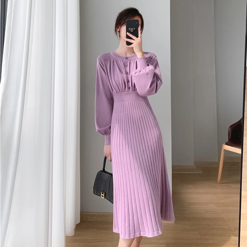 灯笼袖针织连衣裙女春冬修身中长款过膝收腰a字裙内搭毛衣打底裙