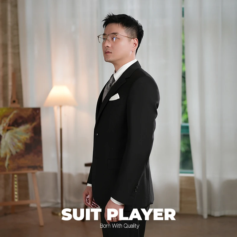【西服套装】男士黑色商务西服套装平驳领单开修身抗皱免烫西装正装