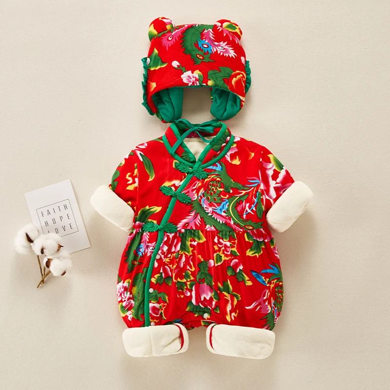 东北大花婴儿衣服冬装新生儿连体衣男女宝宝薄棉加绒纯棉哈衣冬装