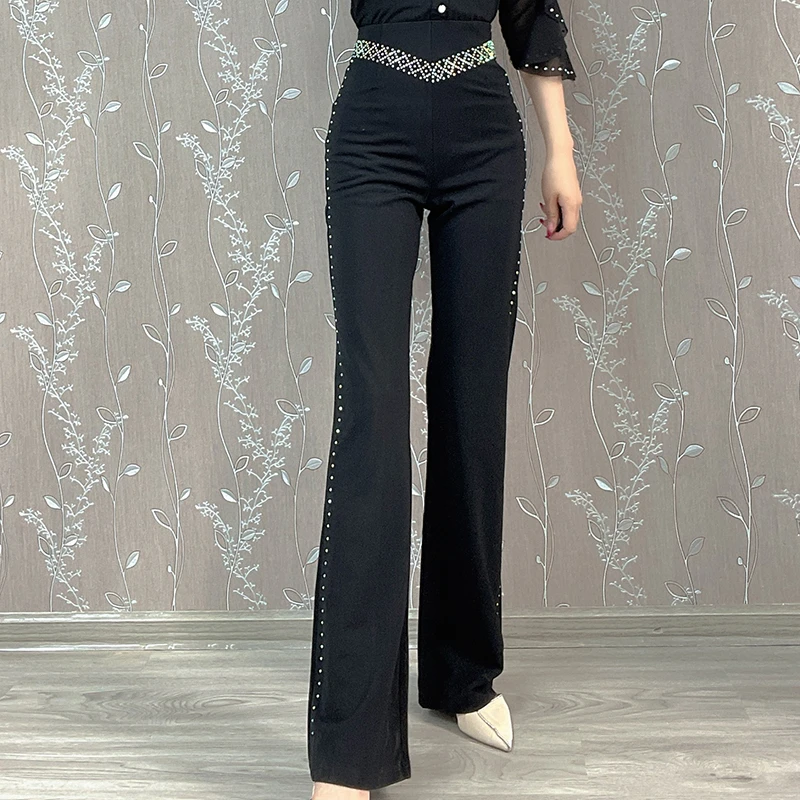 【英之飒】2055款烫钻女裤显瘦休闲裤黑色长裤子