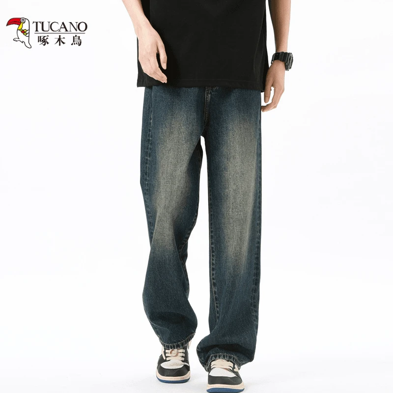 啄木鳥秋季重磅美式复古牛仔裤男士潮牌高街做旧宽松直筒休闲长裤