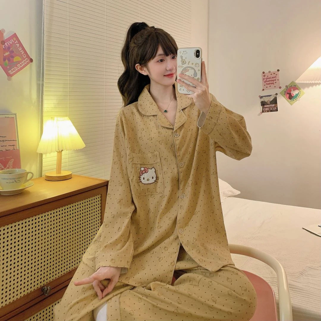 【点点狗】加肥加大春秋季长袖大码睡衣女宽松卡通可爱家居服套装