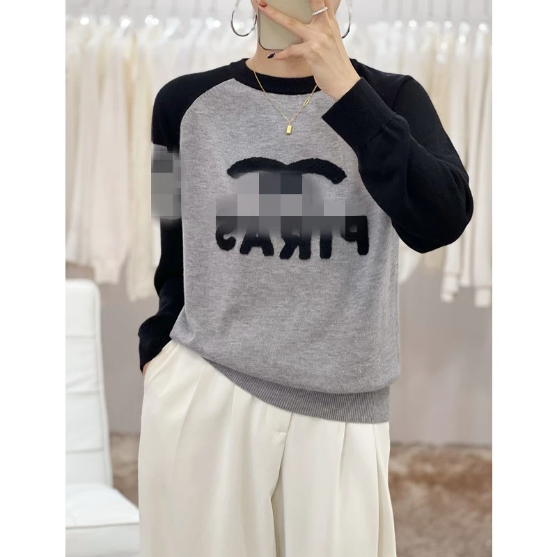 小香风拼色插肩袖圆领套头毛衣宽松长袖打底针织衫绵羊毛衫8