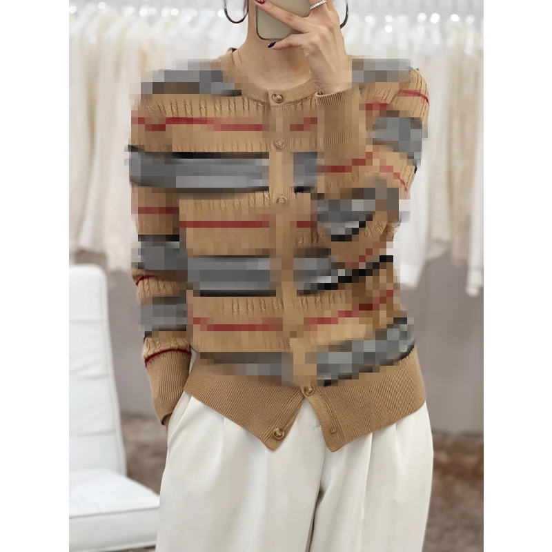 巴家条纹麻花圆领针织衫开衫女秋冬宽松复古气质绵羊毛衫