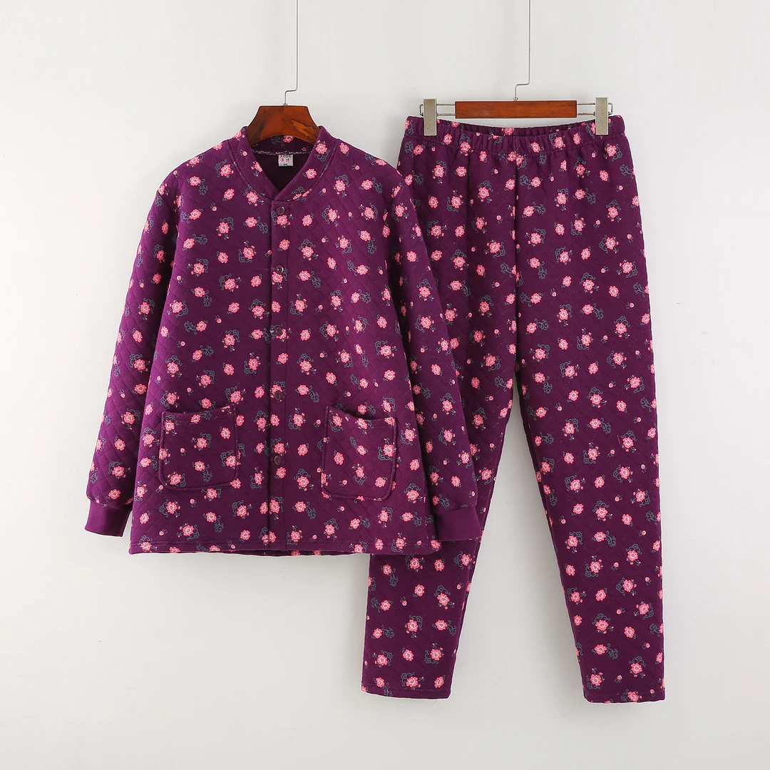 中老年三层夹棉保暖内衣套装女纯棉加厚妈妈对襟开衫老人家居服