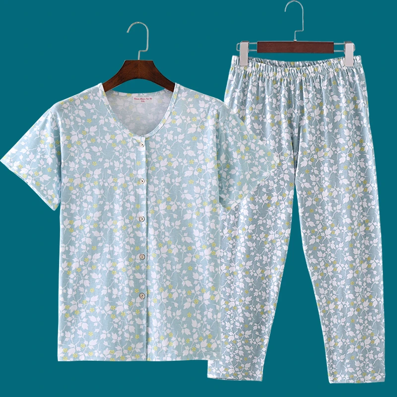 夏季纯棉短袖前开扣老年人睡衣睡裤老奶奶全棉开衫半袖汗衫家居服
