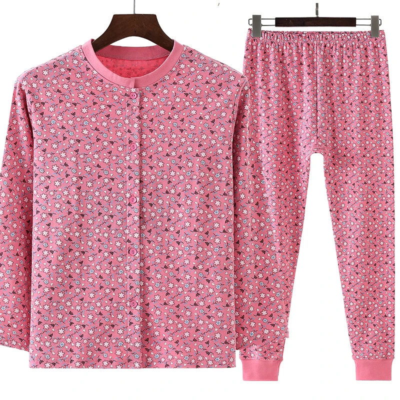 中老年女士纯棉秋衣秋裤秋冬系扣保暖内衣套装大码开衫宽松棉毛衫