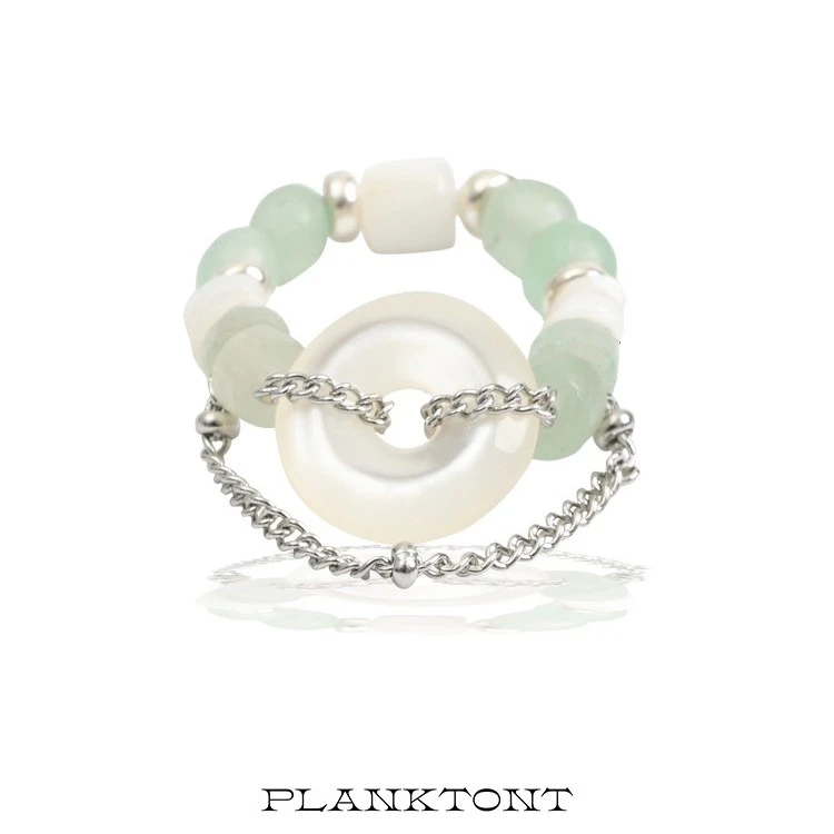 非金属戒指 浮U生物 玉福禄原创中式平安扣流苏戒指纯银串珠套戒