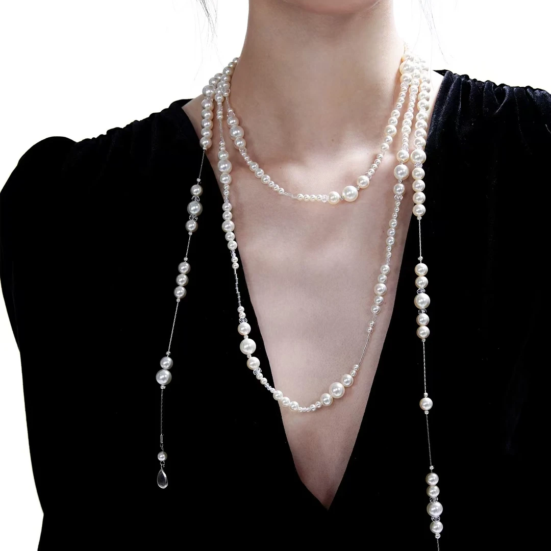 钛钢仿水晶项链 浮U生物 长款珍珠项链叠戴复古满天星链