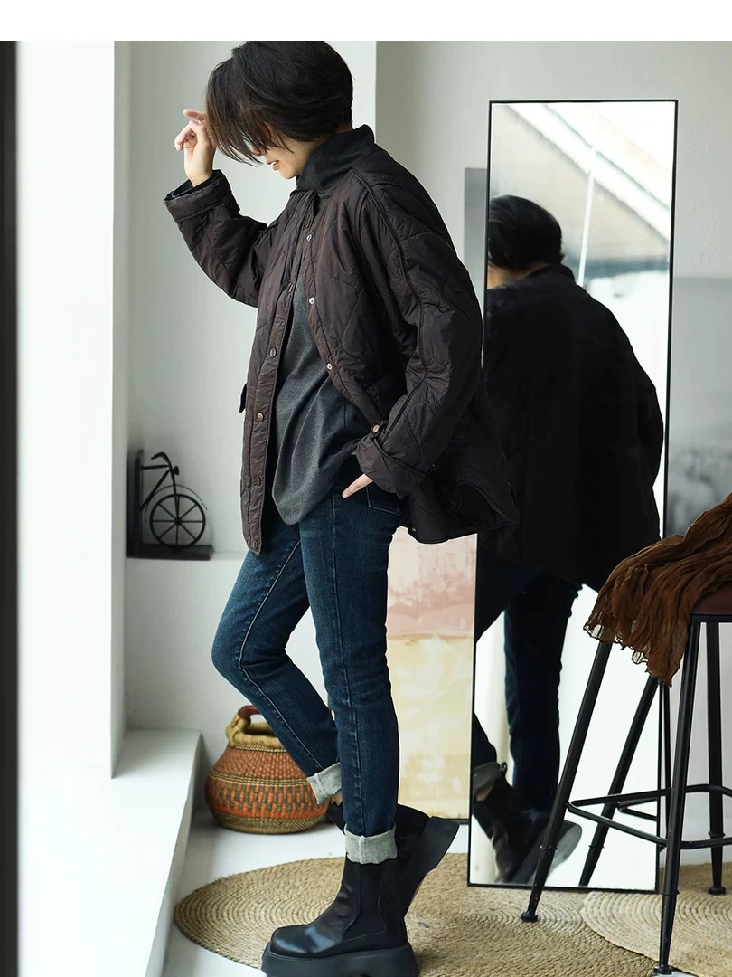 柚米家-复古文艺 毛填充 宽松休闲中长款圆领棉服 外套