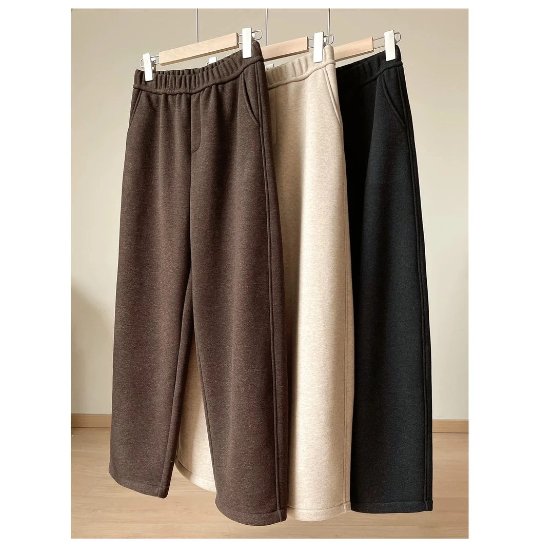 Youmi加厚一体绒镰刀裤 女士高腰保暖直筒阔腿裤 显瘦 冬款