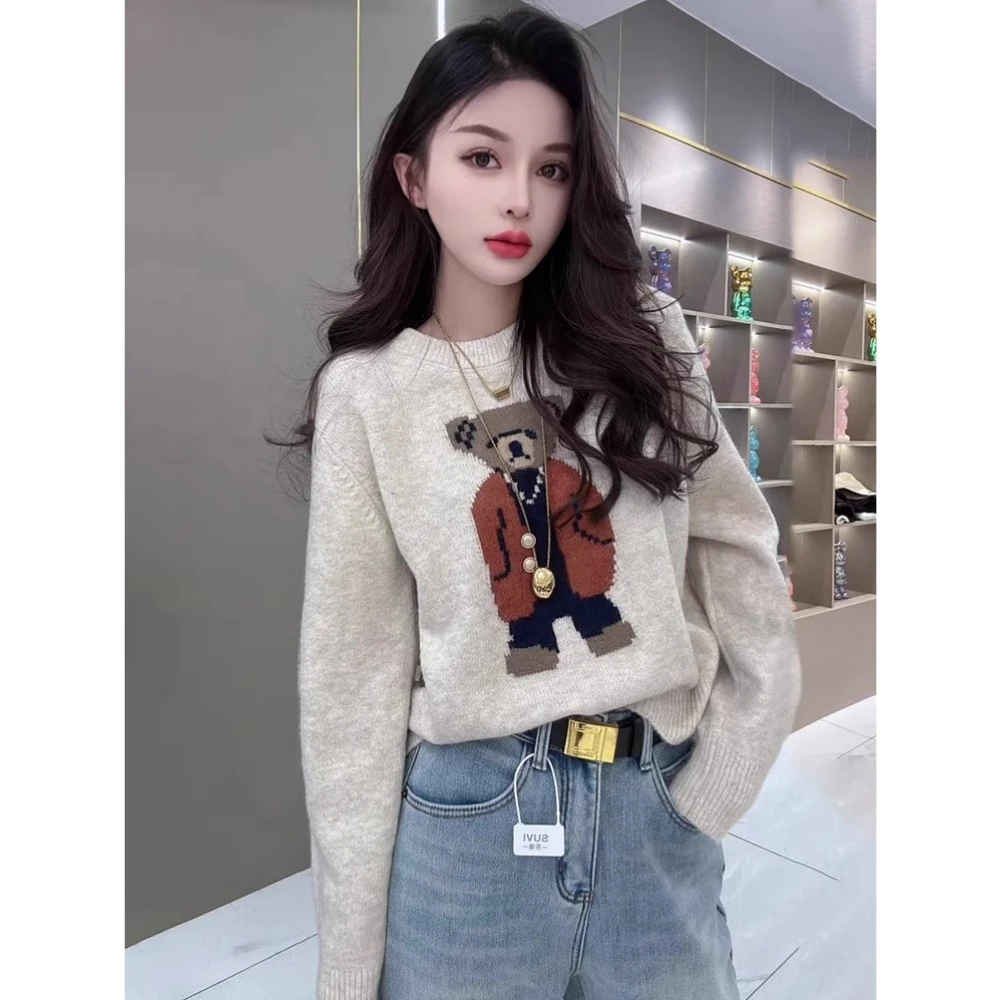 慵懒风小熊印花长袖套头毛衣女春秋2025新款宽松减龄百搭显瘦上衣