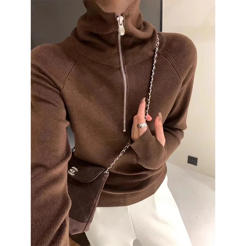 半拉链高领翻领针织打底衫女冬季设计感修身毛衣内搭棕色长袖上衣