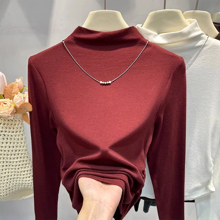 欧货气质半高领项链褶皱长袖T恤女2025秋新款女上衣时髦时尚洋气