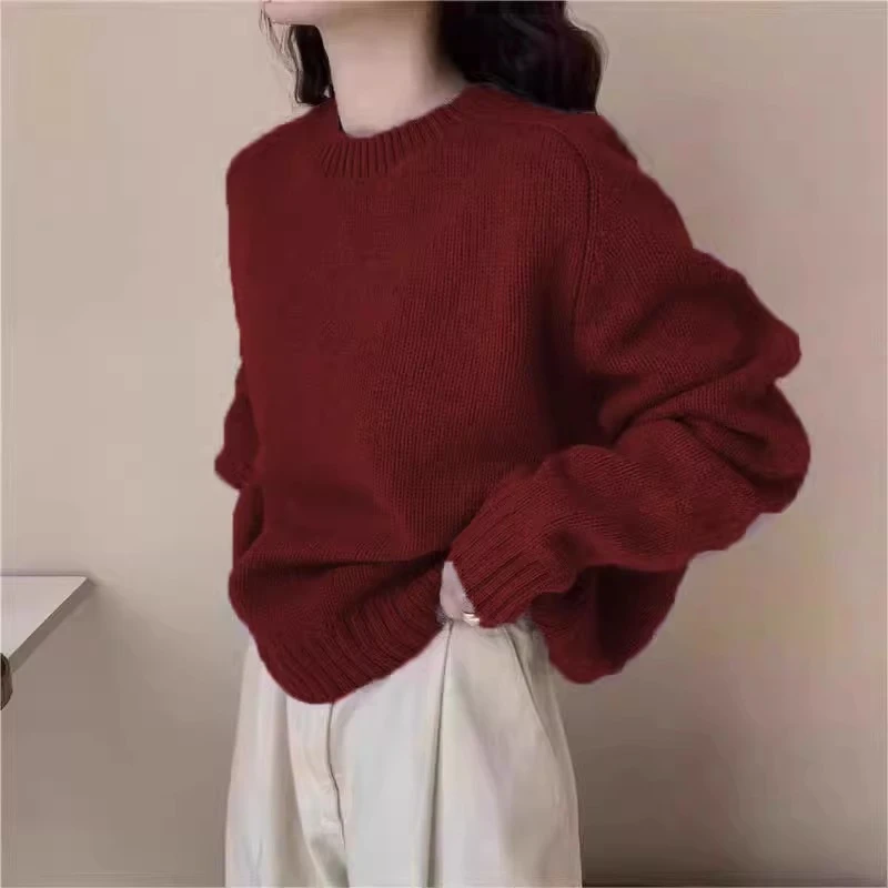 安克拉红软糯浣熊绒圆领毛衣女春秋慵懒风宽松加厚套头针织衫上衣