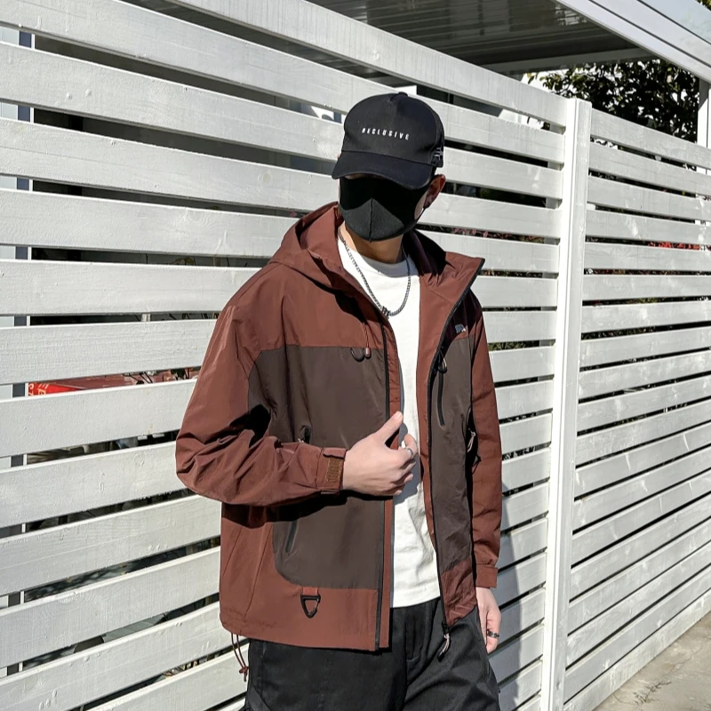 2025男士新款春秋季连帽男外套时尚潮流撞色户外防风休闲夹克上衣