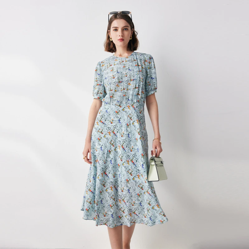 短袖真丝连衣裙女设计感圆领双绉印花ML-345