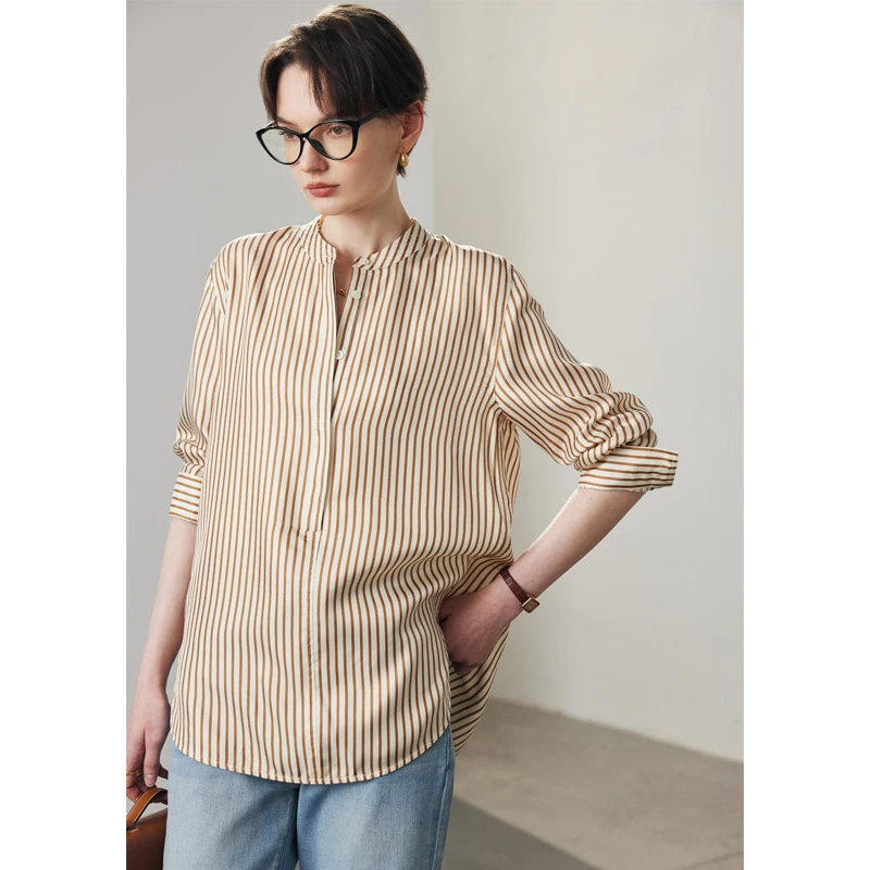 真丝衬衫女通勤宽松长袖立领斜纹绸印花桑蚕丝衬衣ML-403