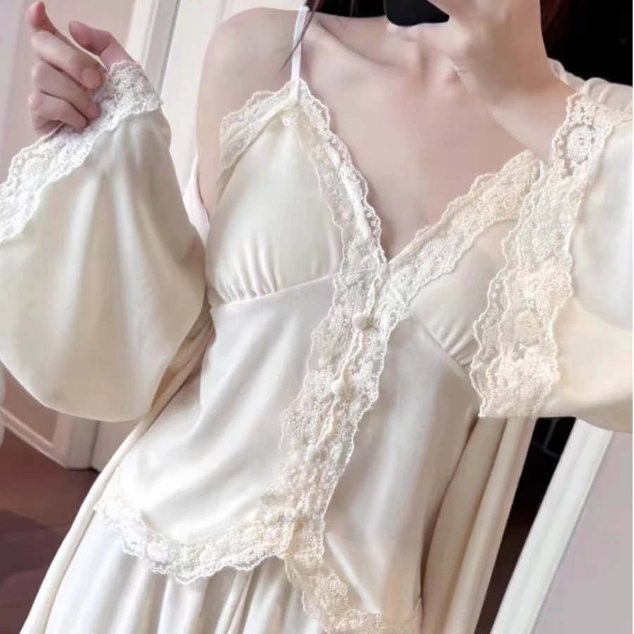 金丝绒睡衣三件套女秋冬2024新款轻奢高级感性感蕾丝家居服带胸垫