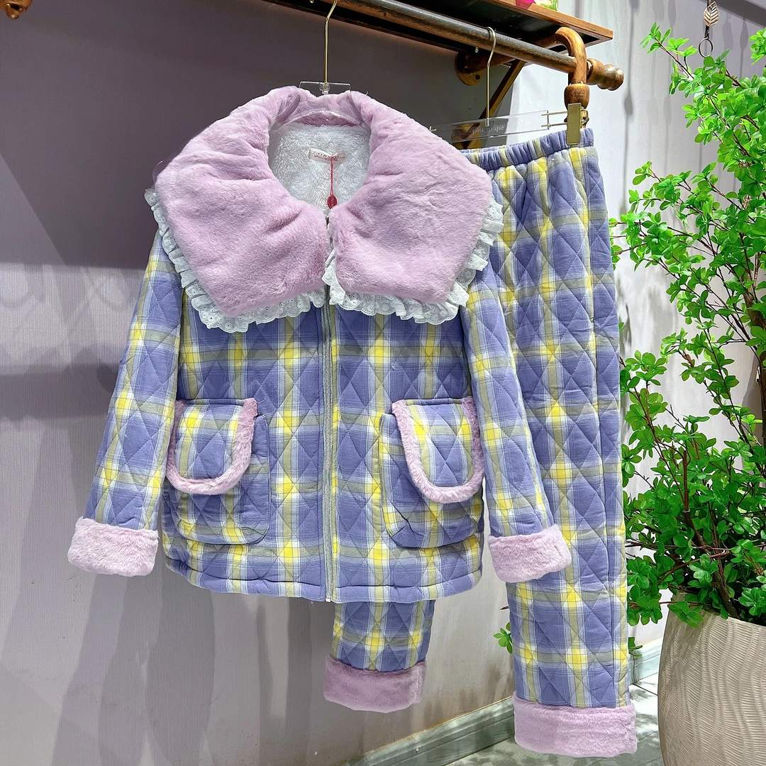 pinkgrape【淡墨青衫】睡衣女士新款冬季三层夹棉加厚家居服2378138