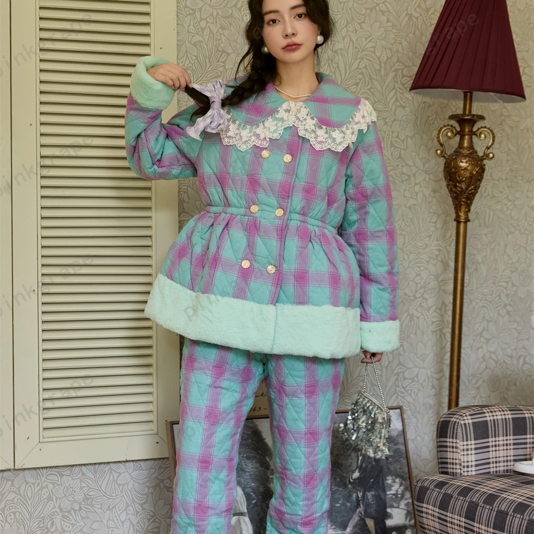 pinkgrape睡衣女冬季防静电加厚保暖三层夹棉加厚家居套装2478521