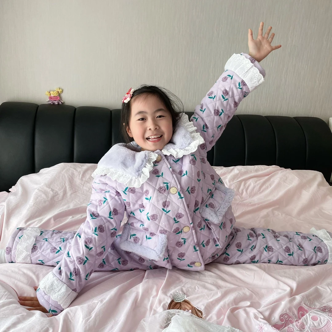 pinkgrape睡衣女童纯棉冬季新款三层夹棉加厚保暖家居服2476502