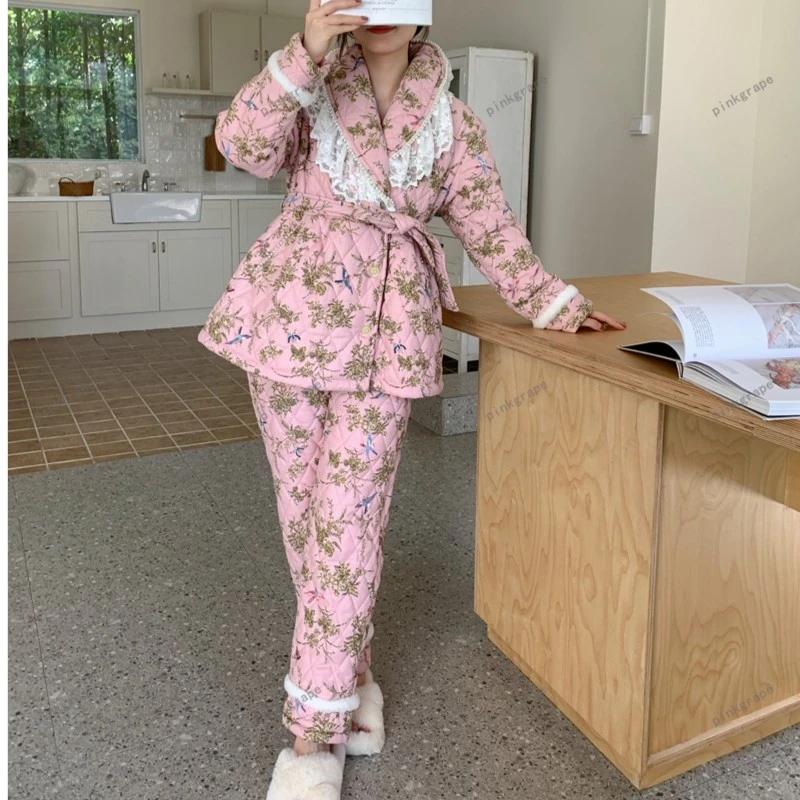 pinkgrape【百鸟争鸣】2023年新款睡衣女冬季三层加厚夹棉2378120