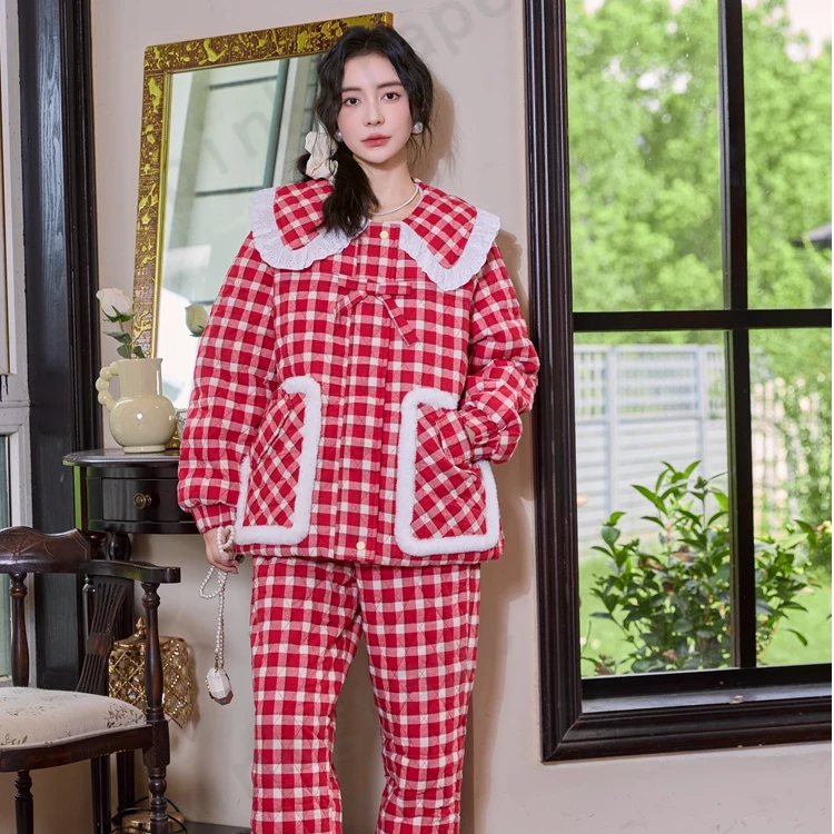 pinkgrape睡衣女套装冬季三层夹棉加绒加厚保暖宽松家居服2478507