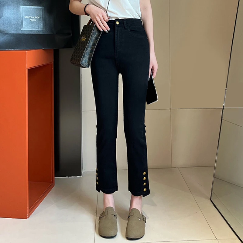 黑色直筒牛仔裤女2025春季新款高腰修身显瘦百搭小个子九分烟管裤