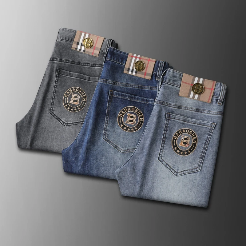 夏季高端薄款刺绣男士牛仔修身直筒长裤弹力水洗休闲时尚百搭裤子