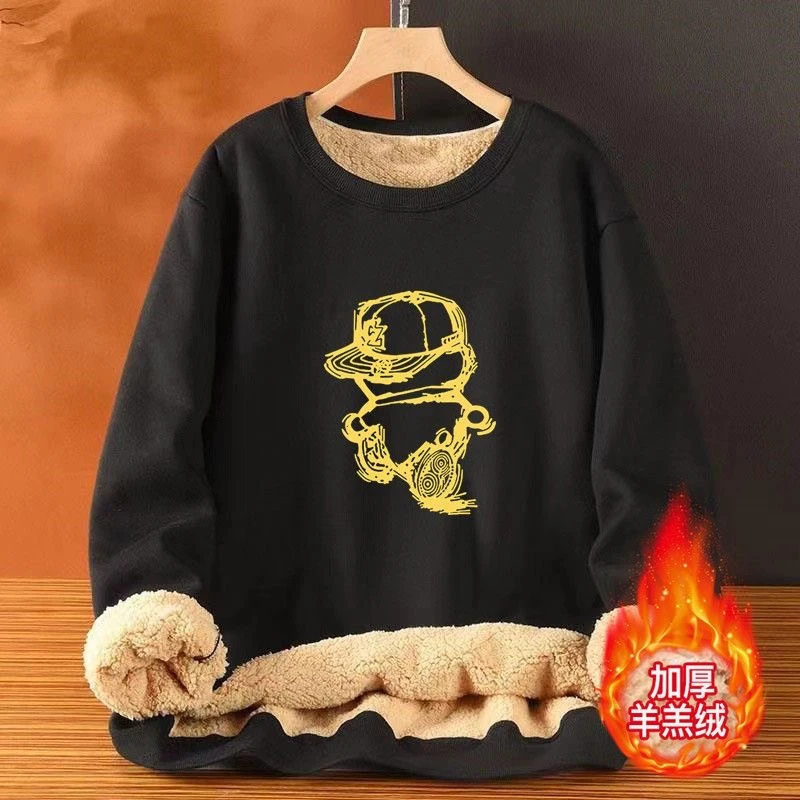 新款冬季加绒加厚圆领连帽卫衣男羊羔绒保暖上衣青少年学生宽松12